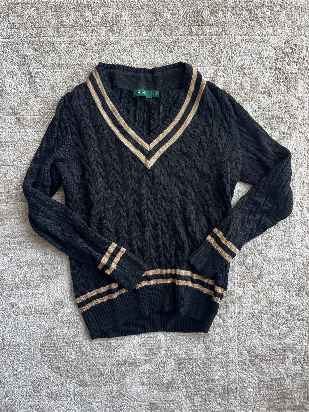 Lauren Ralph Lauren Black V-Neck Cable Knit Sweater with gold Stripes